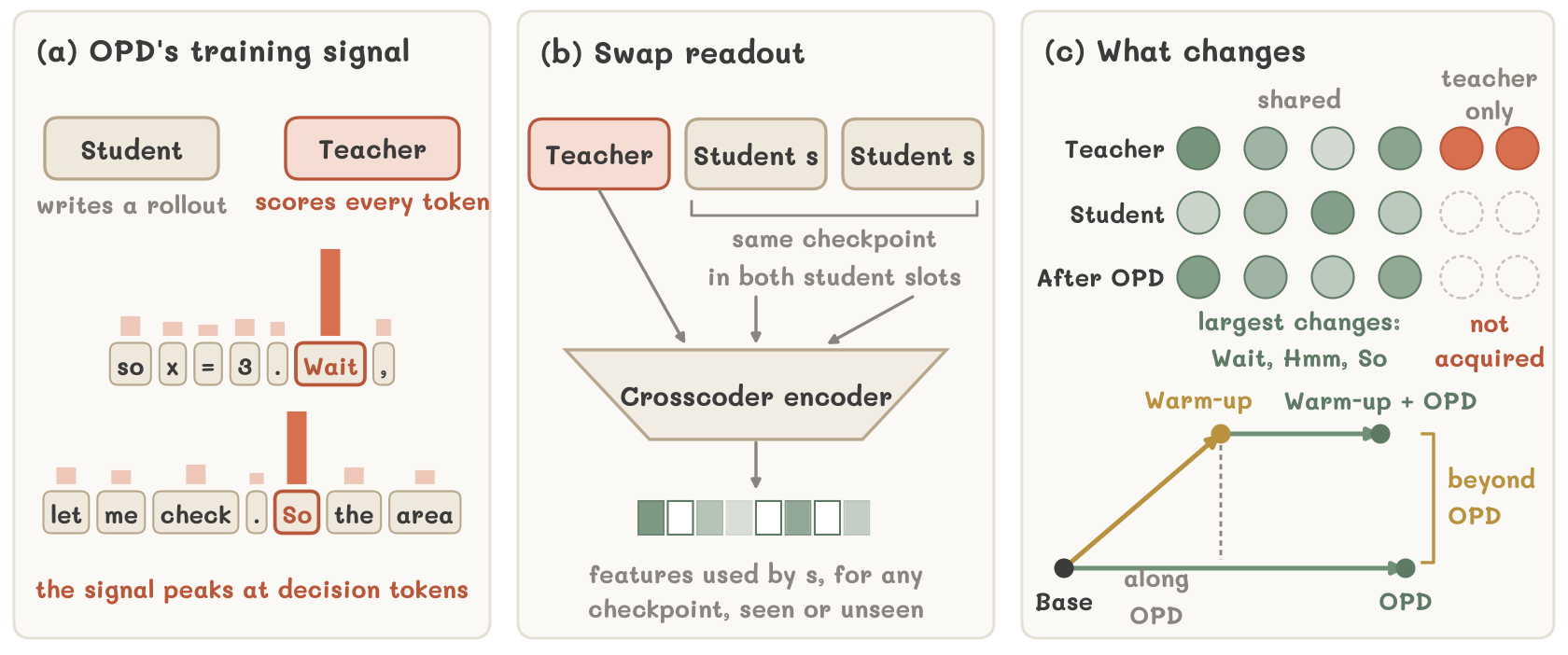 Overview: OPD's training signal, the swap readout, and what changes in the student